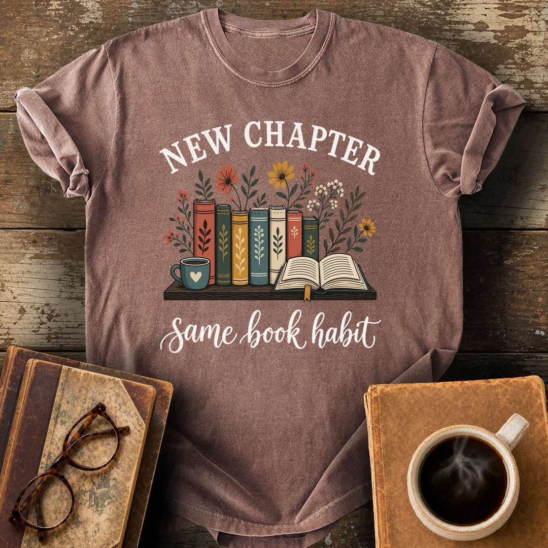 New Chapter Same Book Habit Tee - espresso shirt mockup